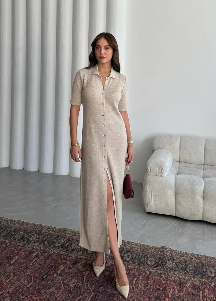 Ribbed Button Maxi Dress – Sand Beige