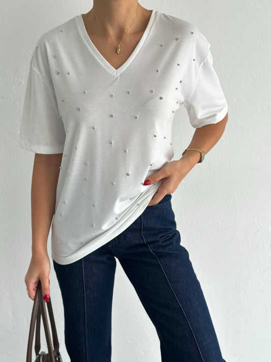 Soft Cotton Tee With Stones Details