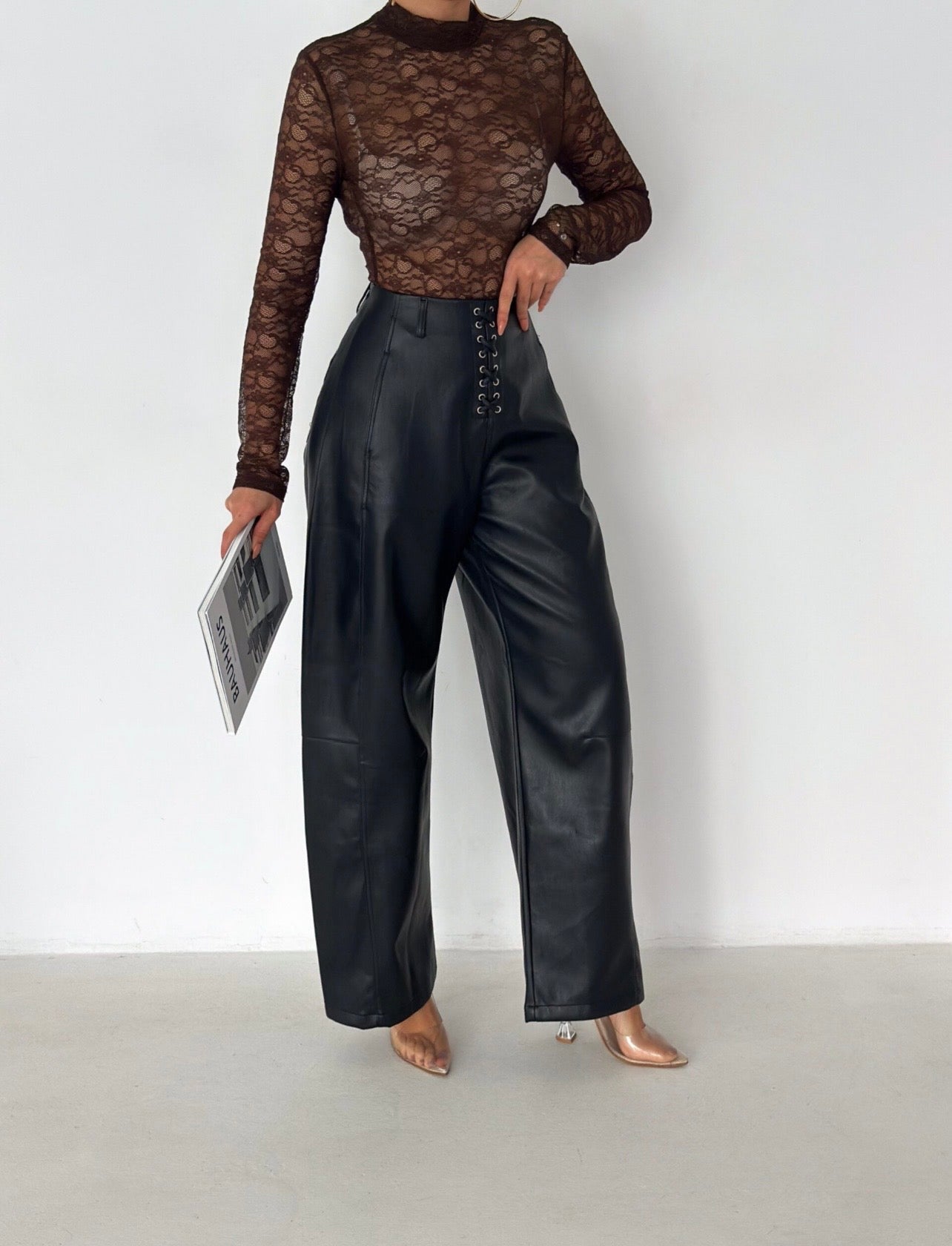 Lace-Up Faux Leather Wide Leg Pants
