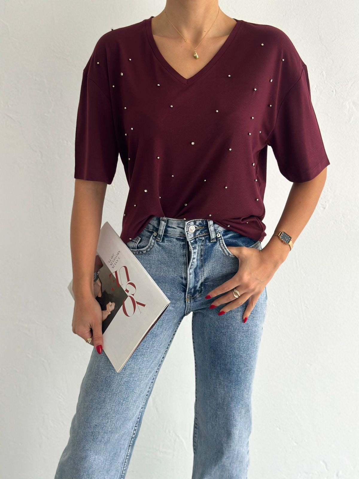 Soft Cotton Tee With Stones Details