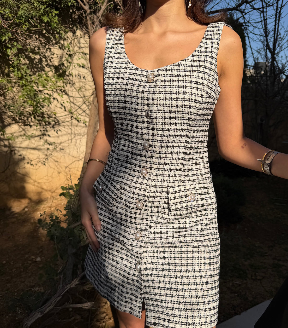 Pearl Button Tweed Mini Dress