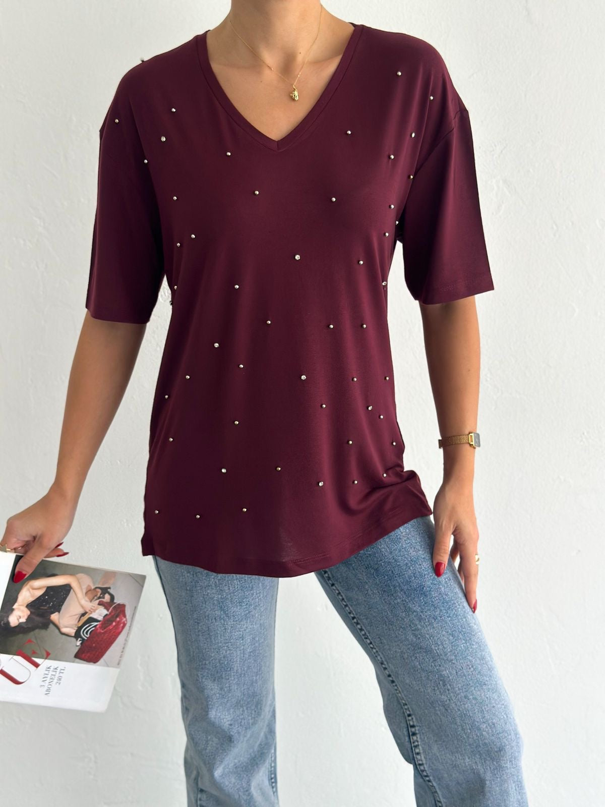 Soft Cotton Tee With Stones Details