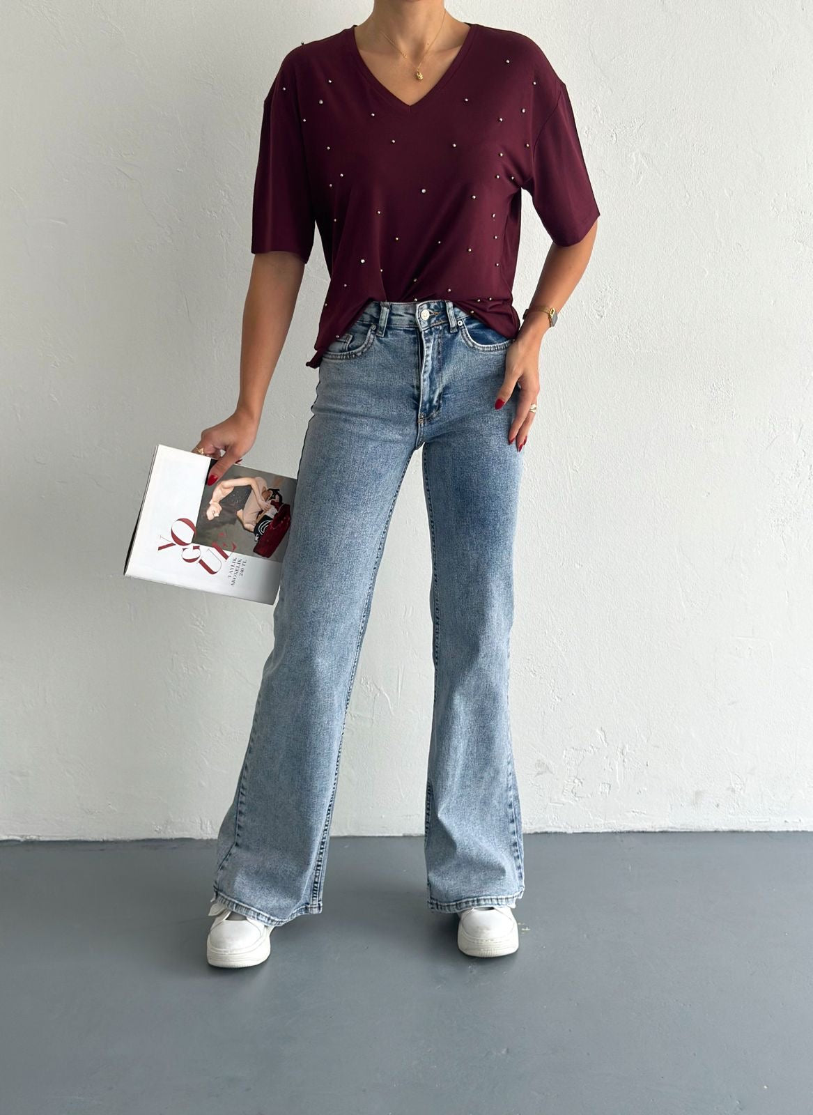 Soft Cotton Tee With Stones Details