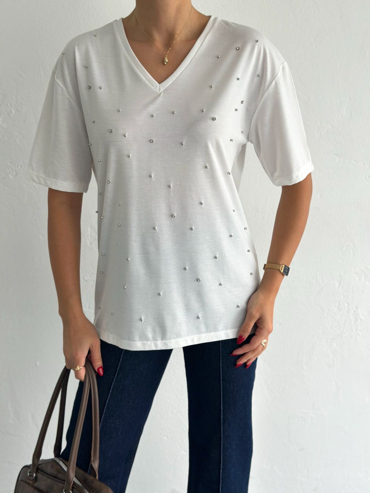 Soft Cotton Tee With Stones Details