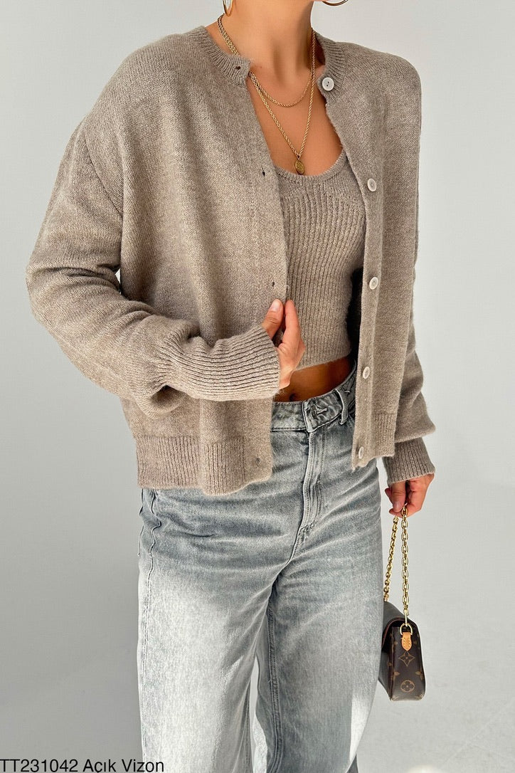 Soft Knit Cardigan Set – Light Taupe