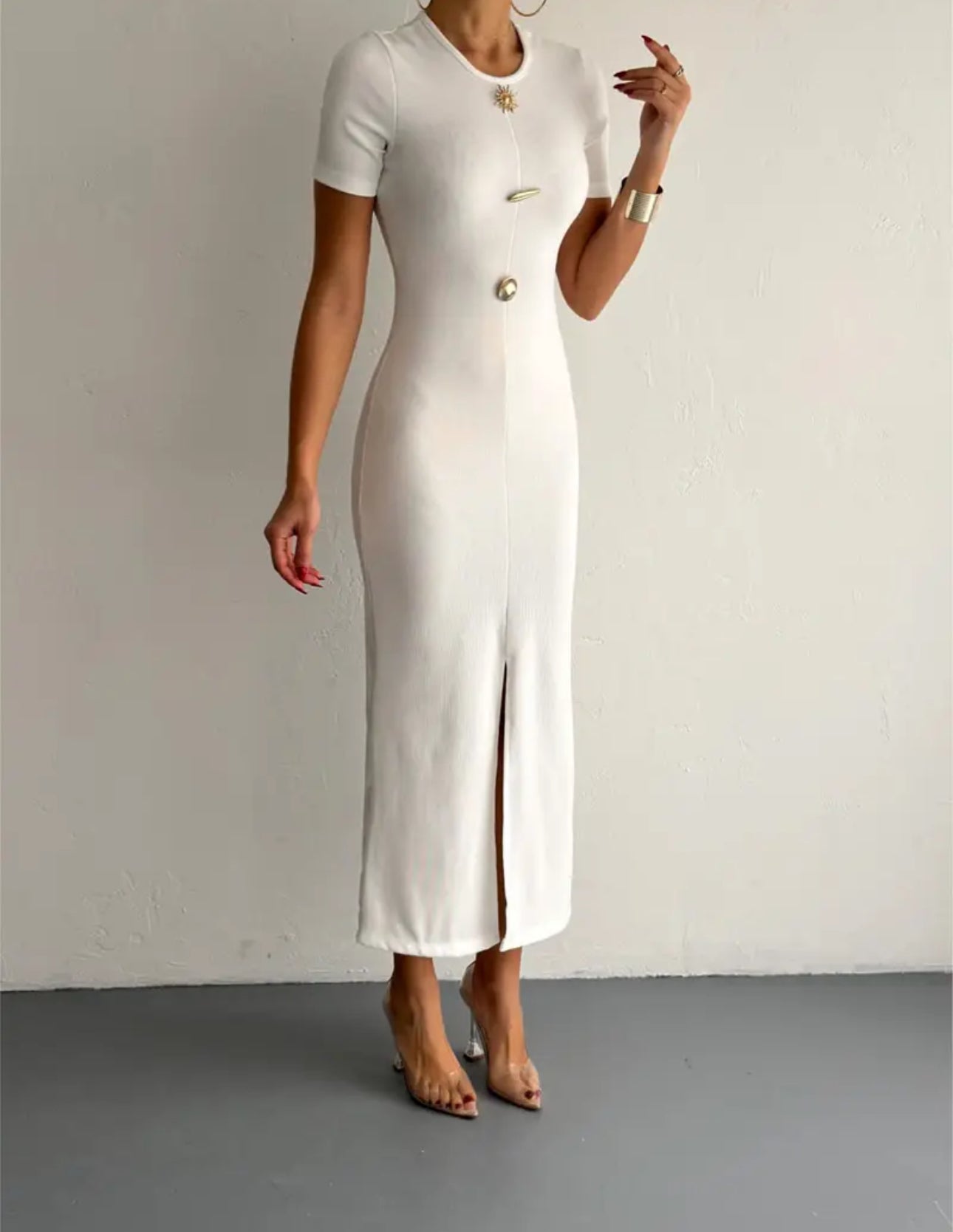 Elegant Ribbed Midi Dress with Gold Accents - Half Sleeves