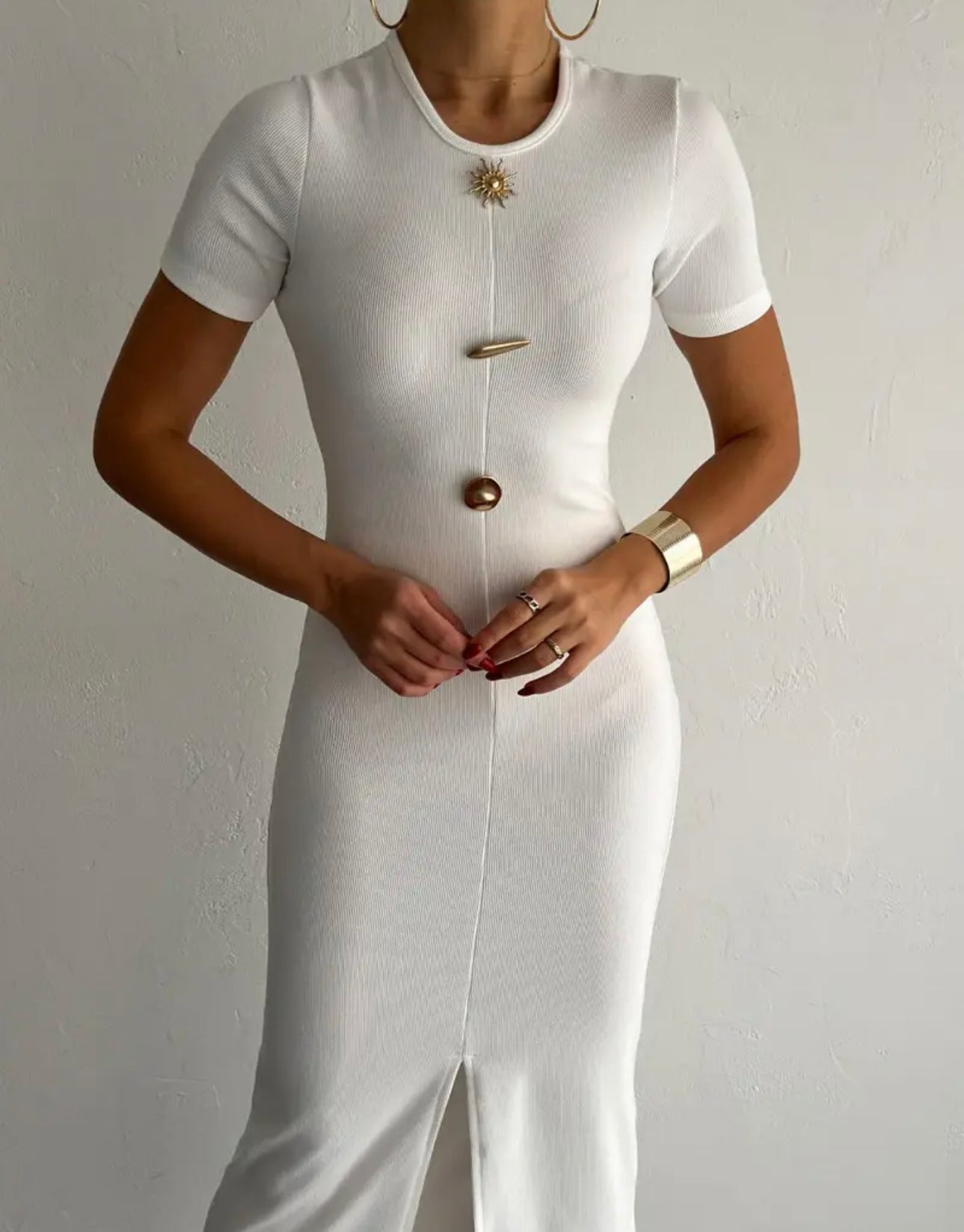 Elegant Ribbed Midi Dress with Gold Accents - Half Sleeves