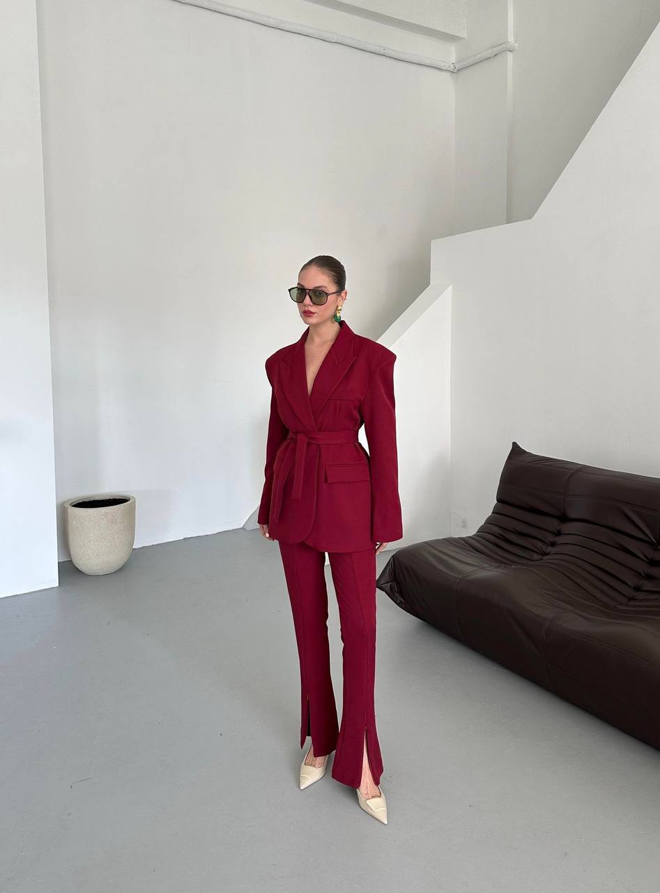 Belted Blazer & Front-Slit Pants Set