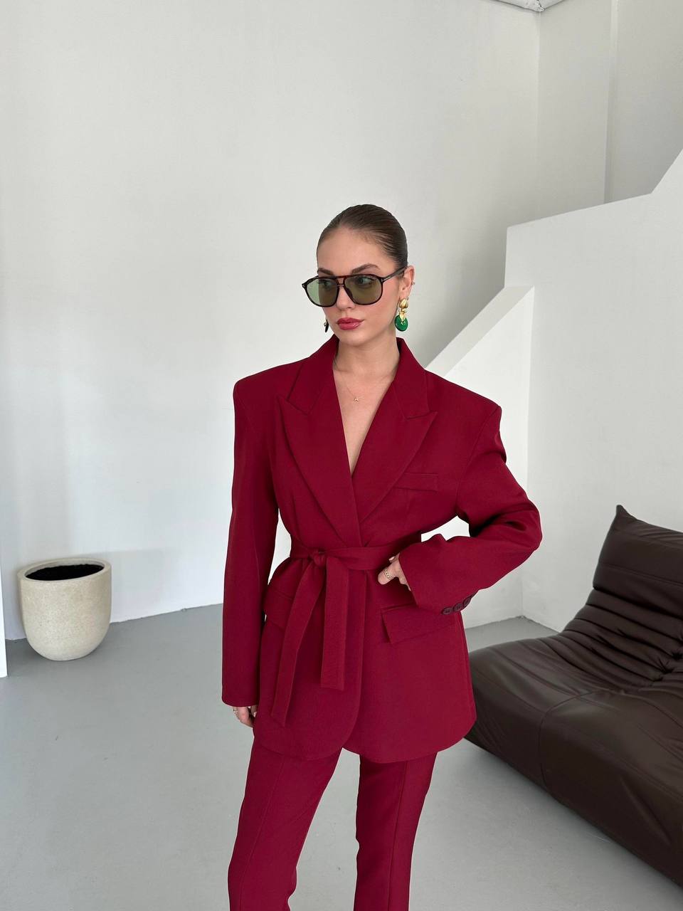 Belted Blazer & Front-Slit Pants Set