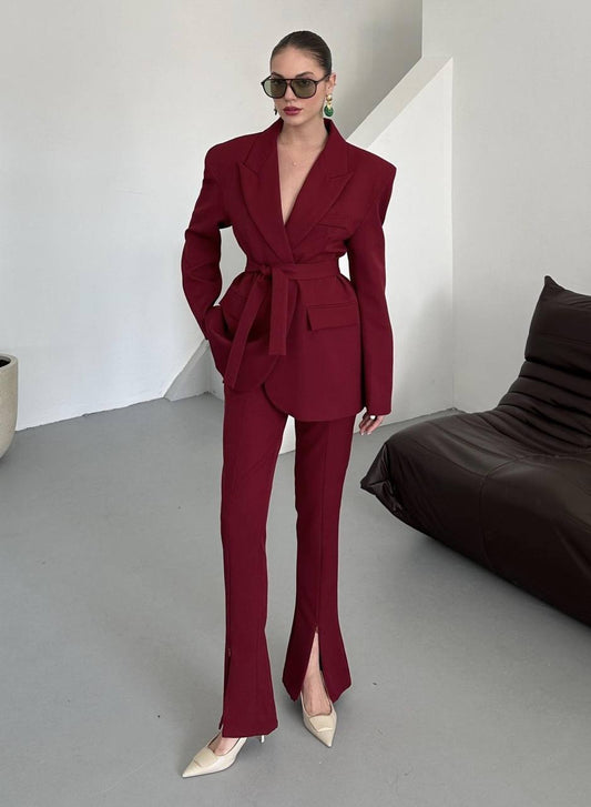 Belted Blazer & Front-Slit Pants Set