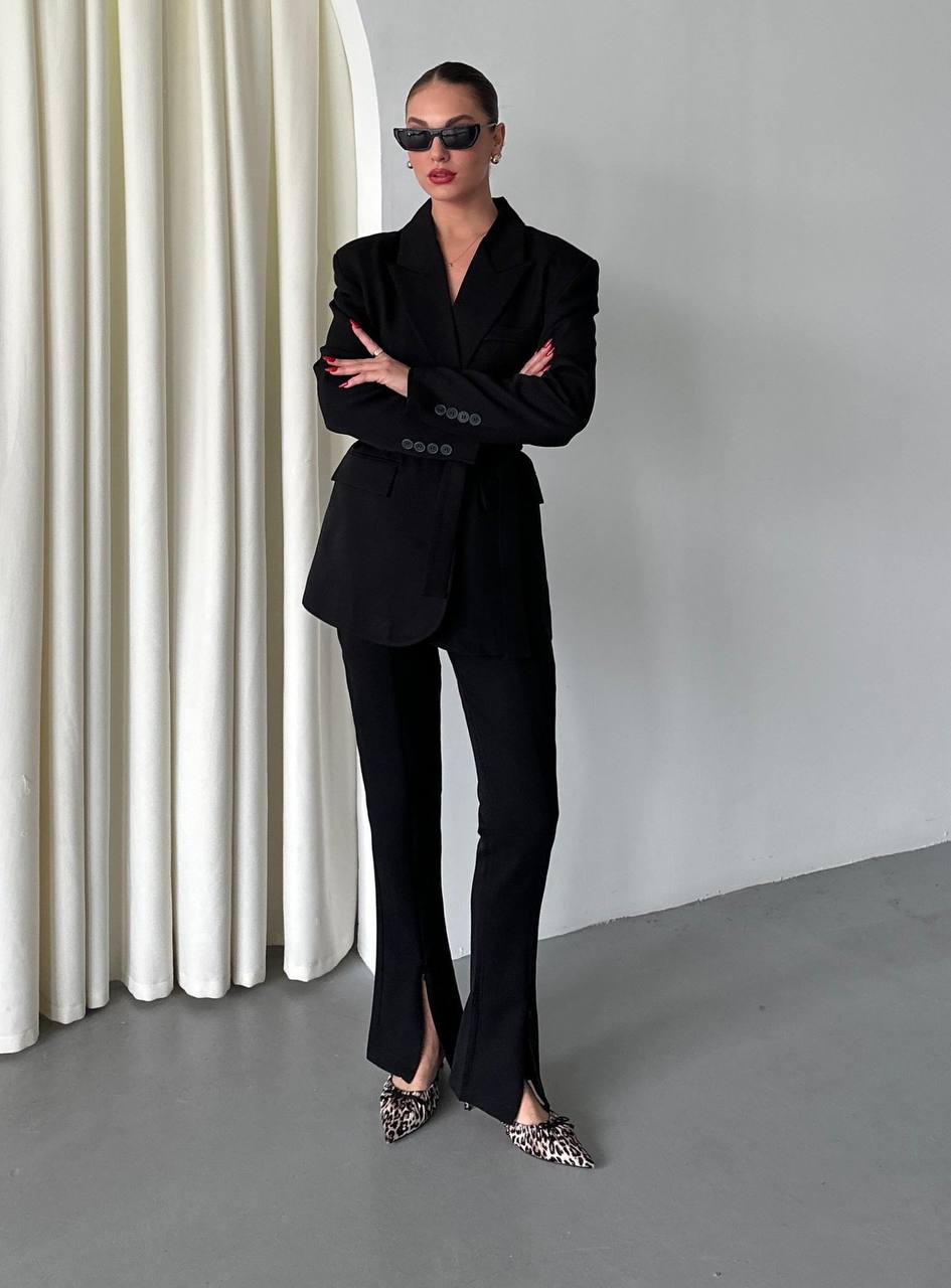 Belted Blazer & Front-Slit Pants Set