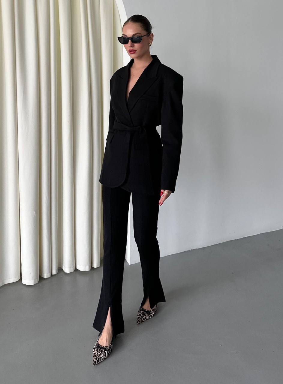 Belted Blazer & Front-Slit Pants Set