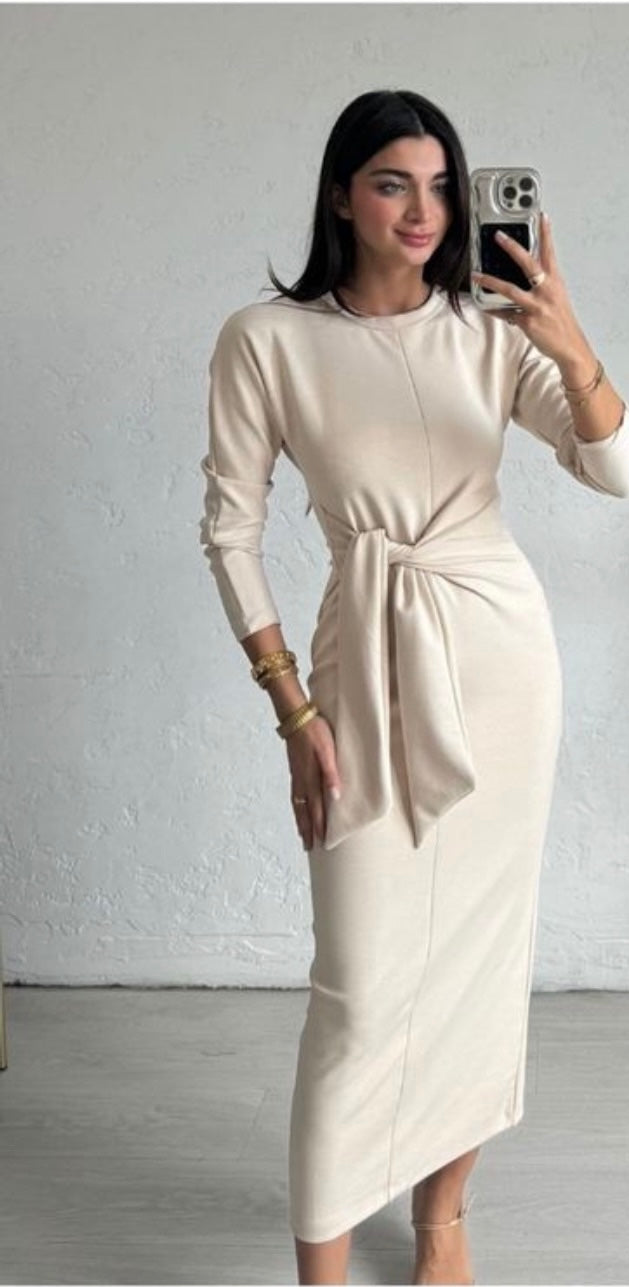 Tie-Waist Midi Dress - Long Sleeve
