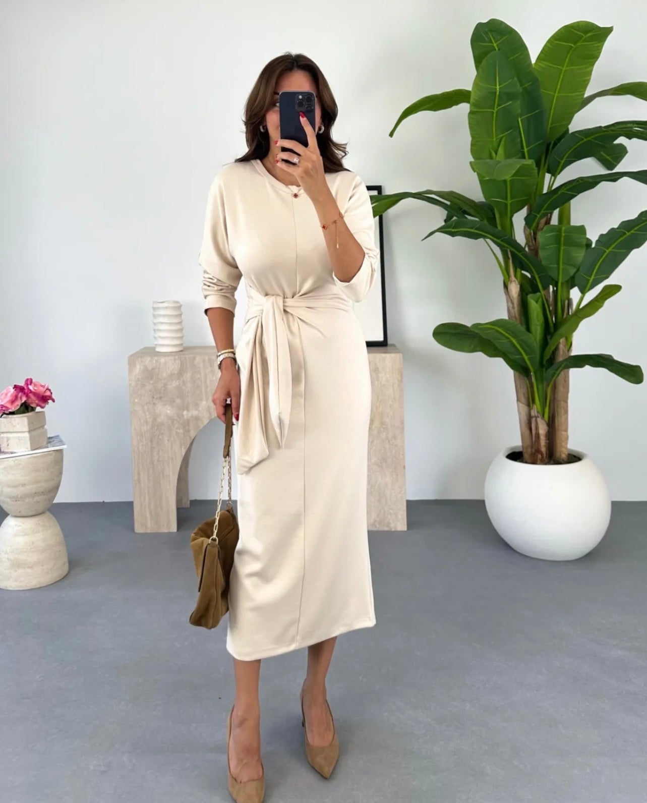 Tie-Waist Midi Dress - Long Sleeve