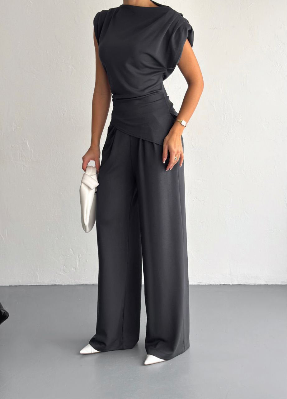 Lycra Cotton Padded Shoulder & Wide - Leg Pants Set