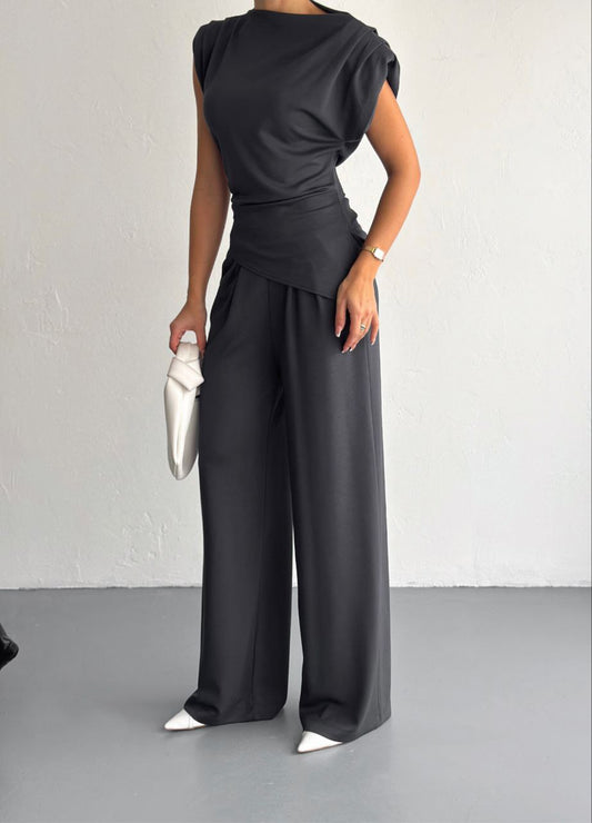 Lycra Cotton Padded Shoulder & Wide - Leg  Pants Set