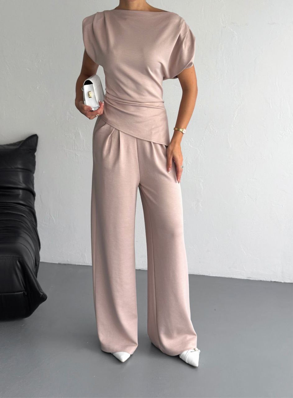 Lycra Cotton Padded Shoulder & Wide - Leg Pants Set