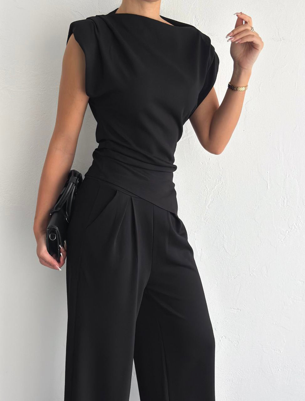 Lycra Cotton Padded Shoulder & Wide - Leg Pants Set