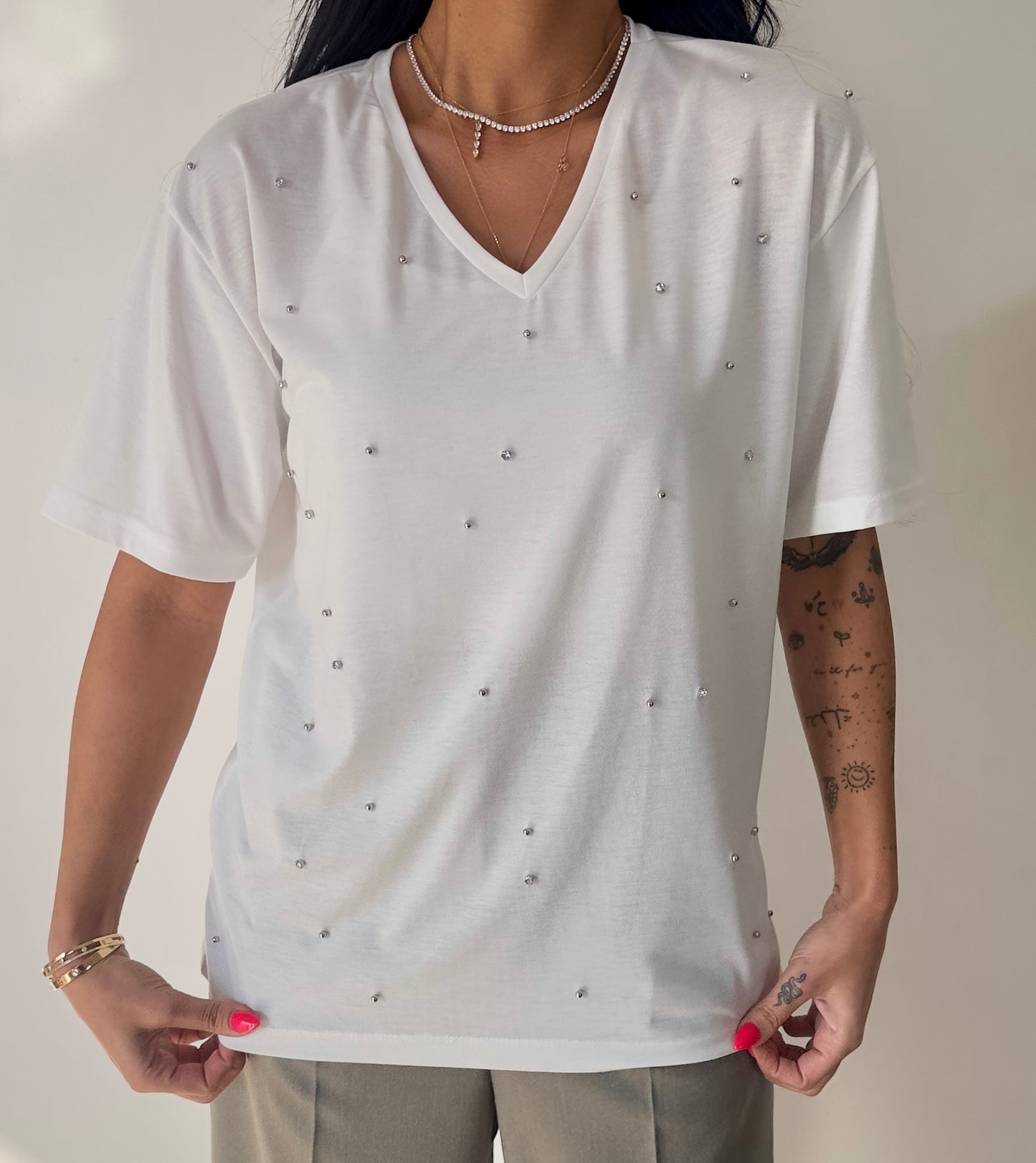 Soft Cotton Tee With Stones Details