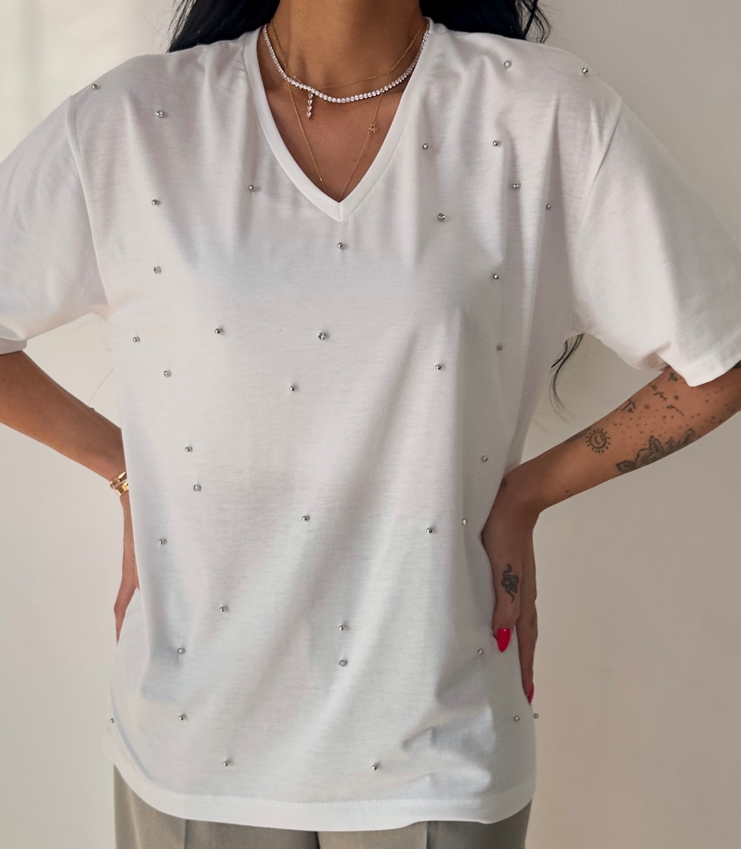 Soft Cotton Tee With Stones Details