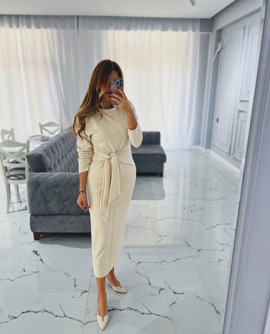 Tie-Waist Midi Dress - Long Sleeve