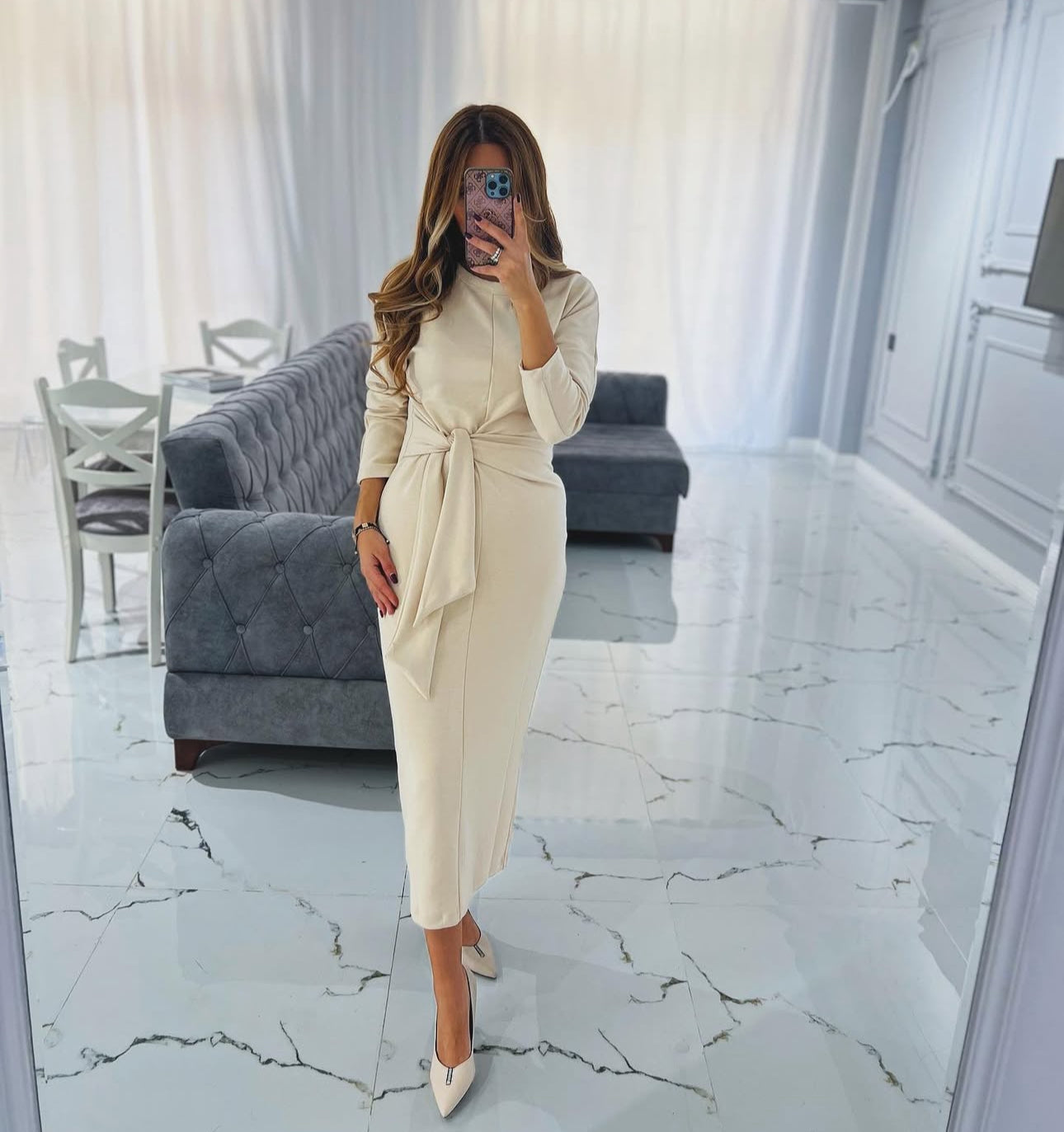 Tie-Waist Midi Dress - Long Sleeve