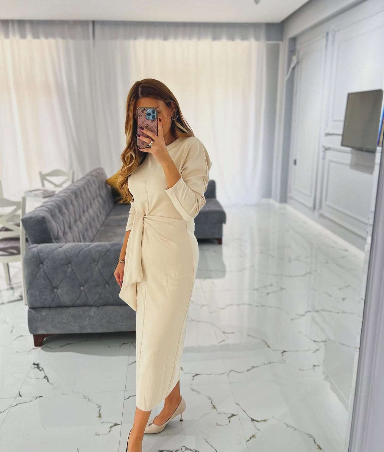 Tie-Waist Midi Dress - Long Sleeve