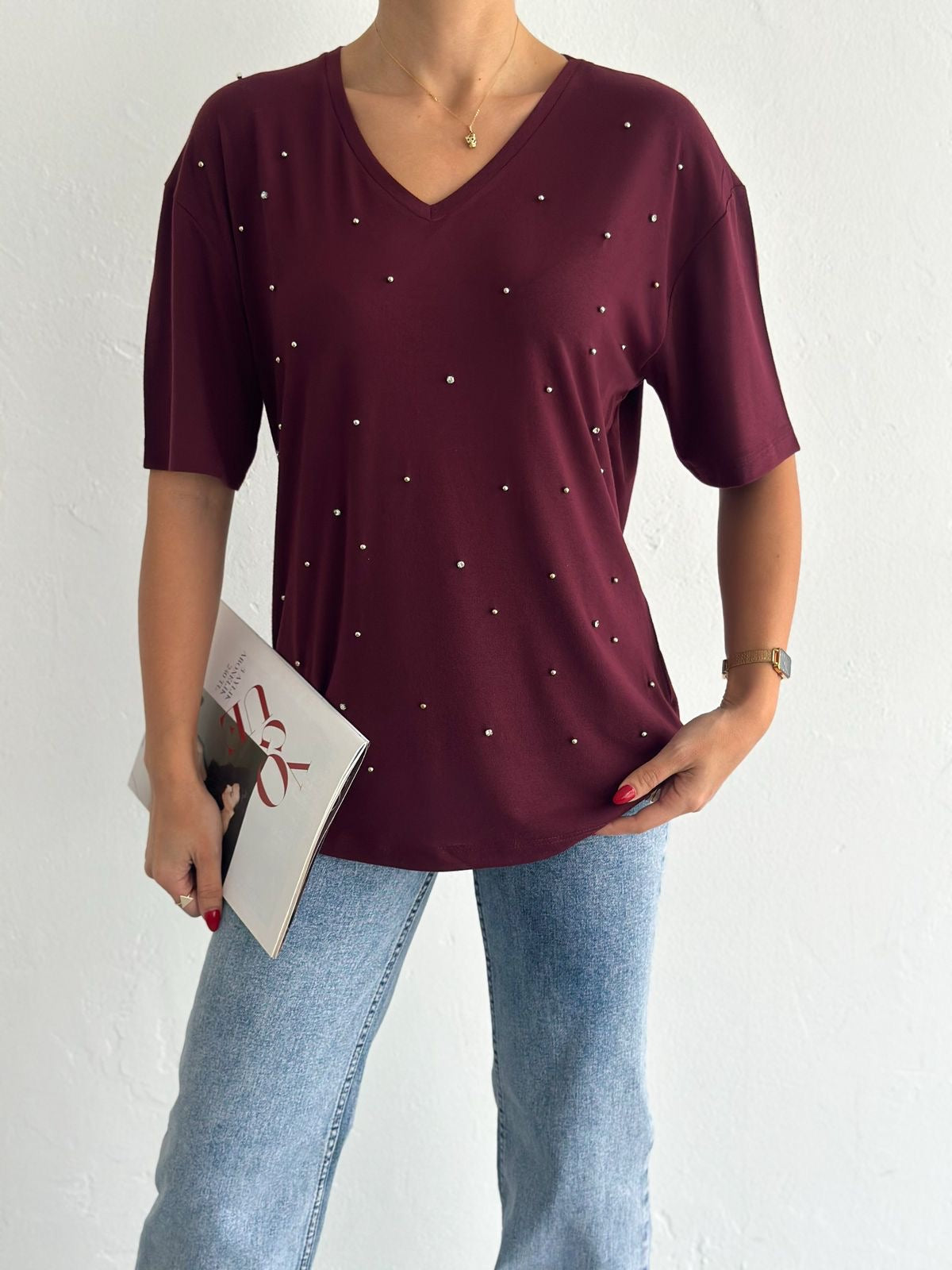 Soft Cotton Tee With Stones Details