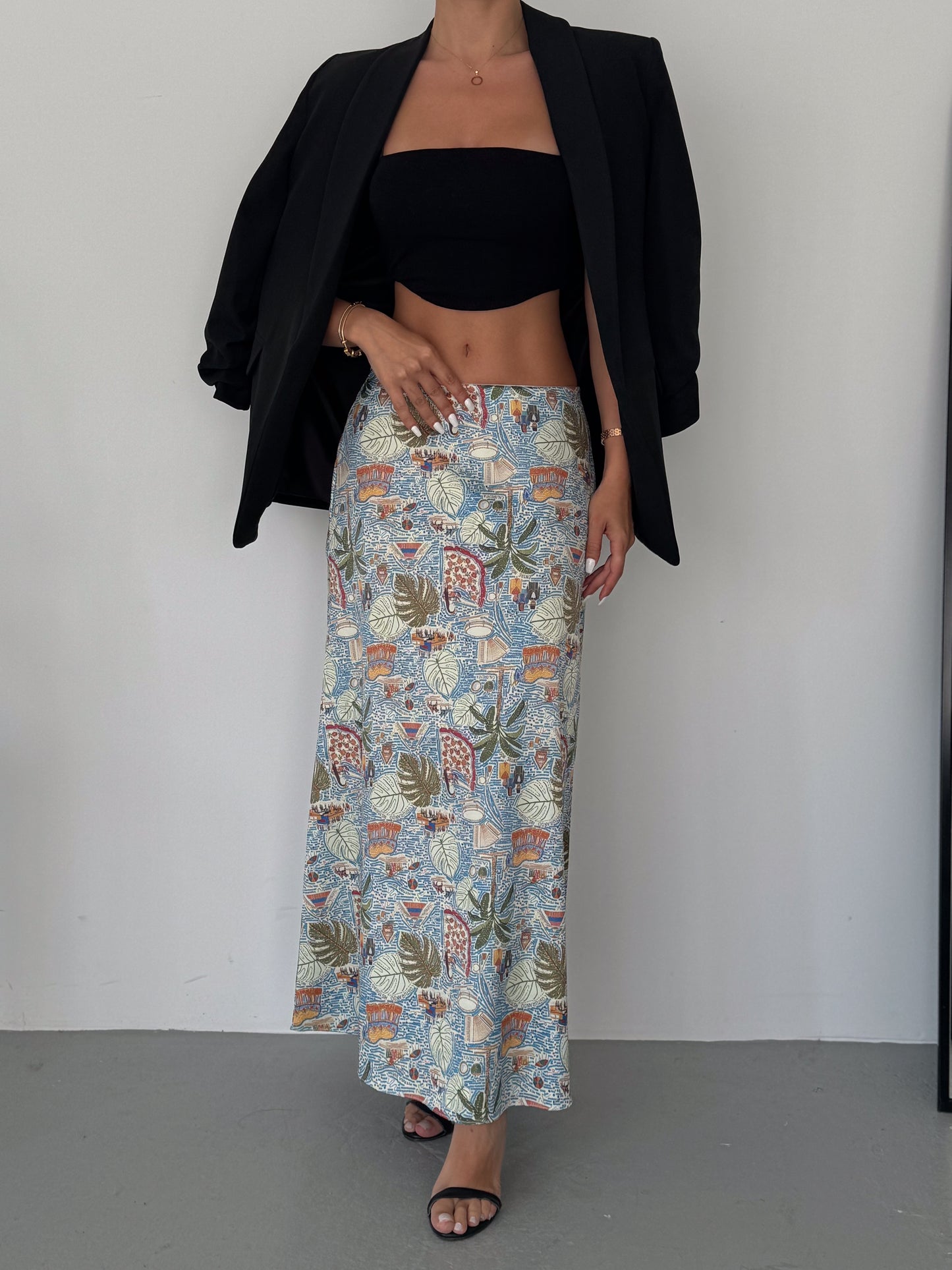 Printed Satin Midi Skirt