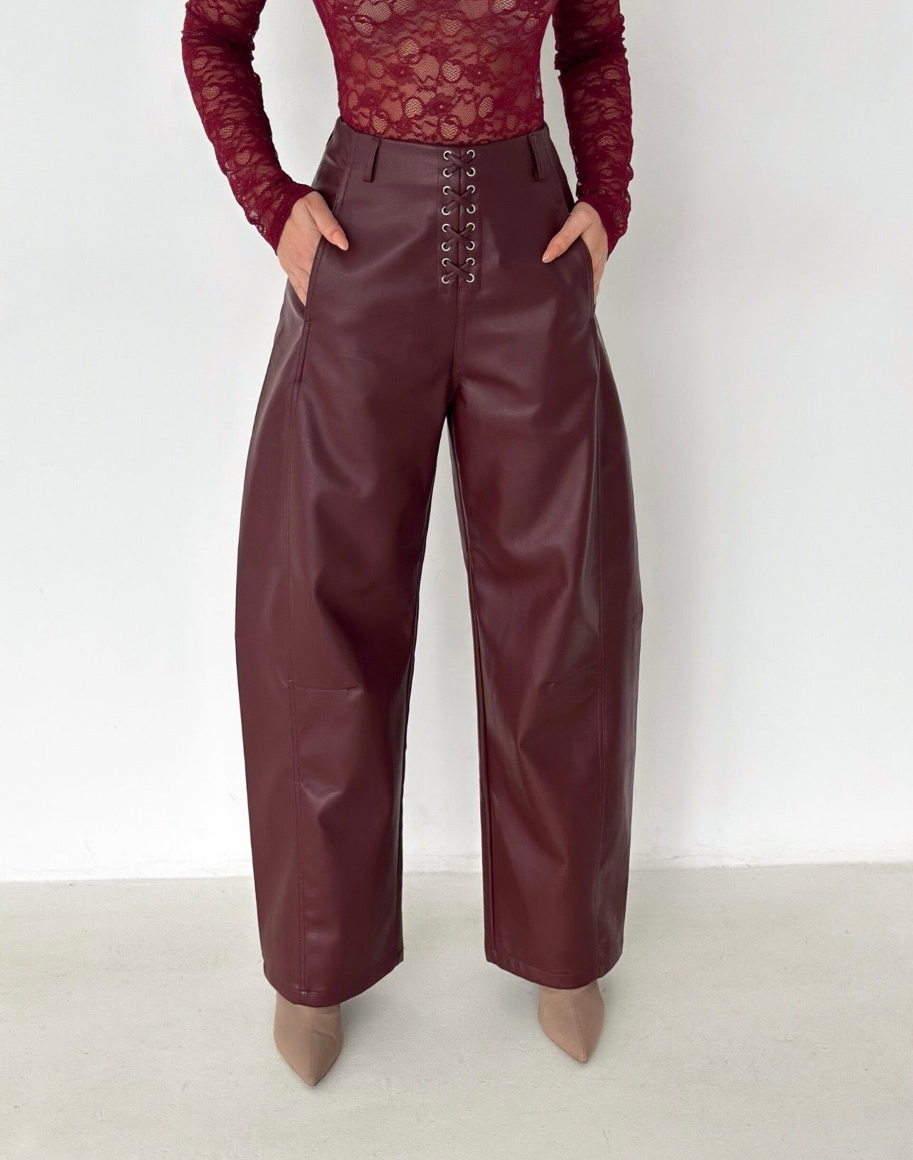Lace-Up Faux Leather Wide Leg Pants