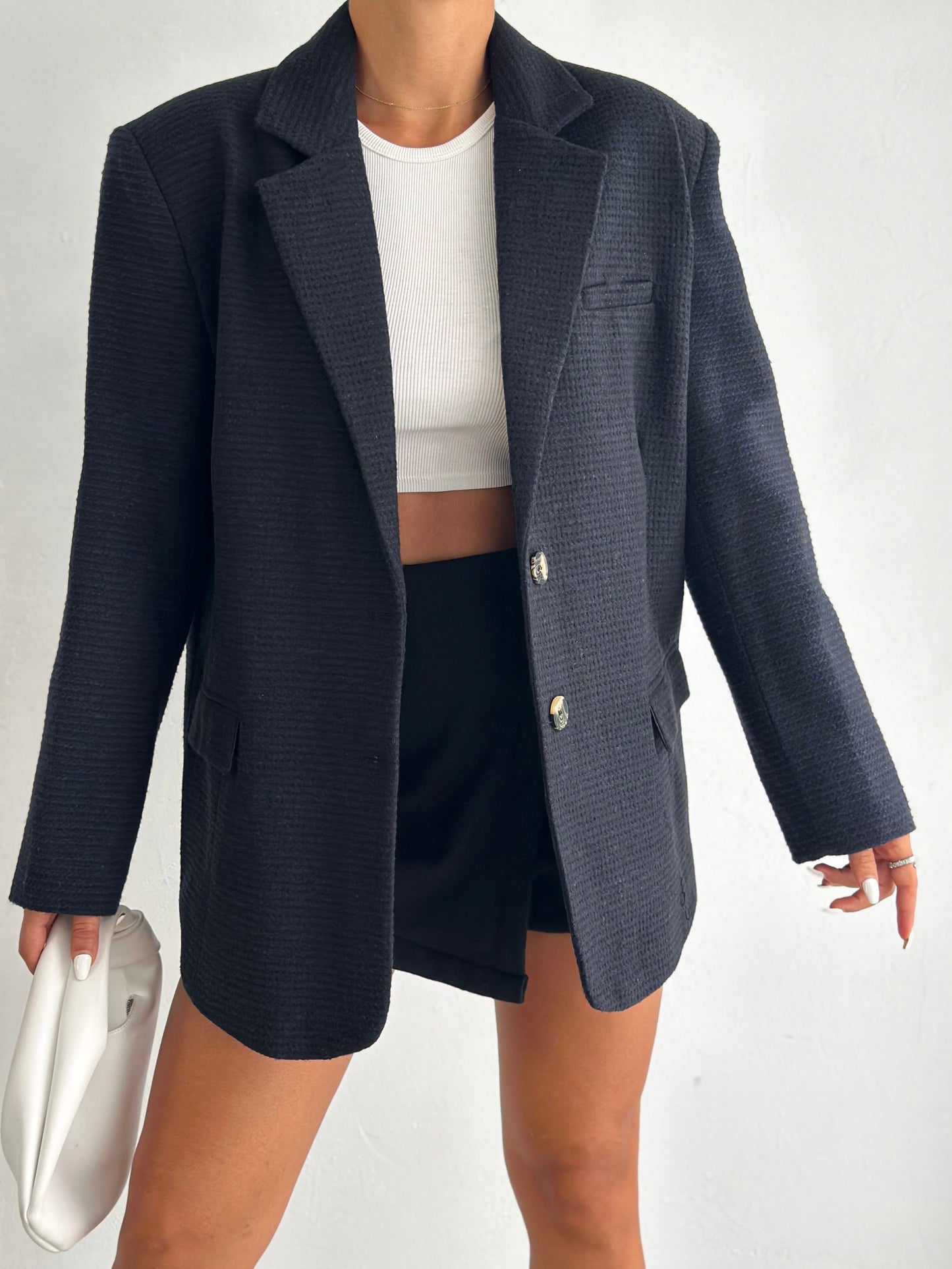 Buttoned Tweed Oversized Blazer