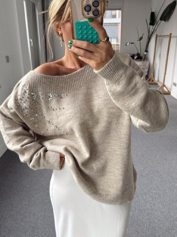 Beige Crystal Knit Sweater