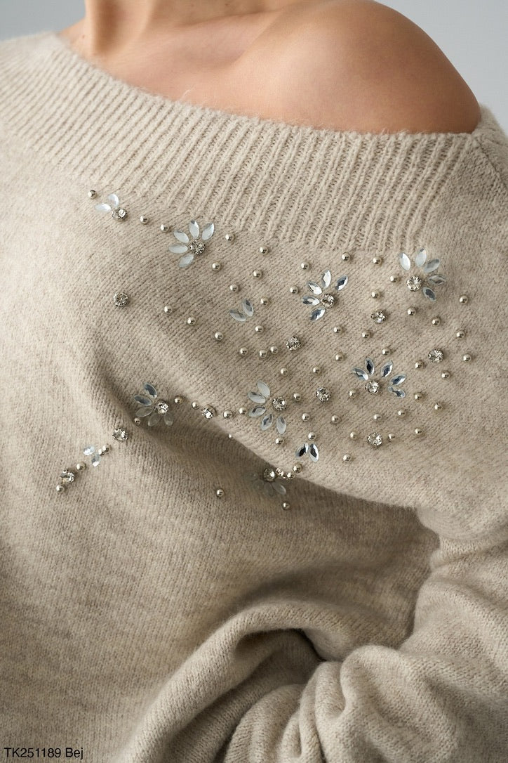 Beige Crystal Knit Sweater