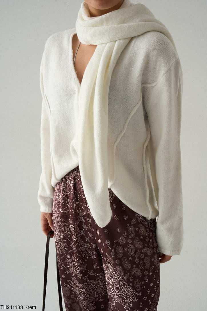 Scarf Detail Knit Top – White / Brown / Burgundy