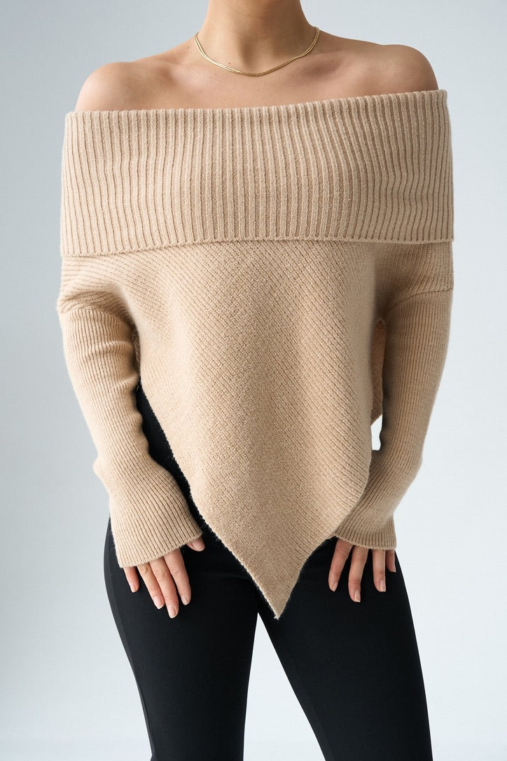 Off-Shoulders Knit Sweater – Beige / Off White