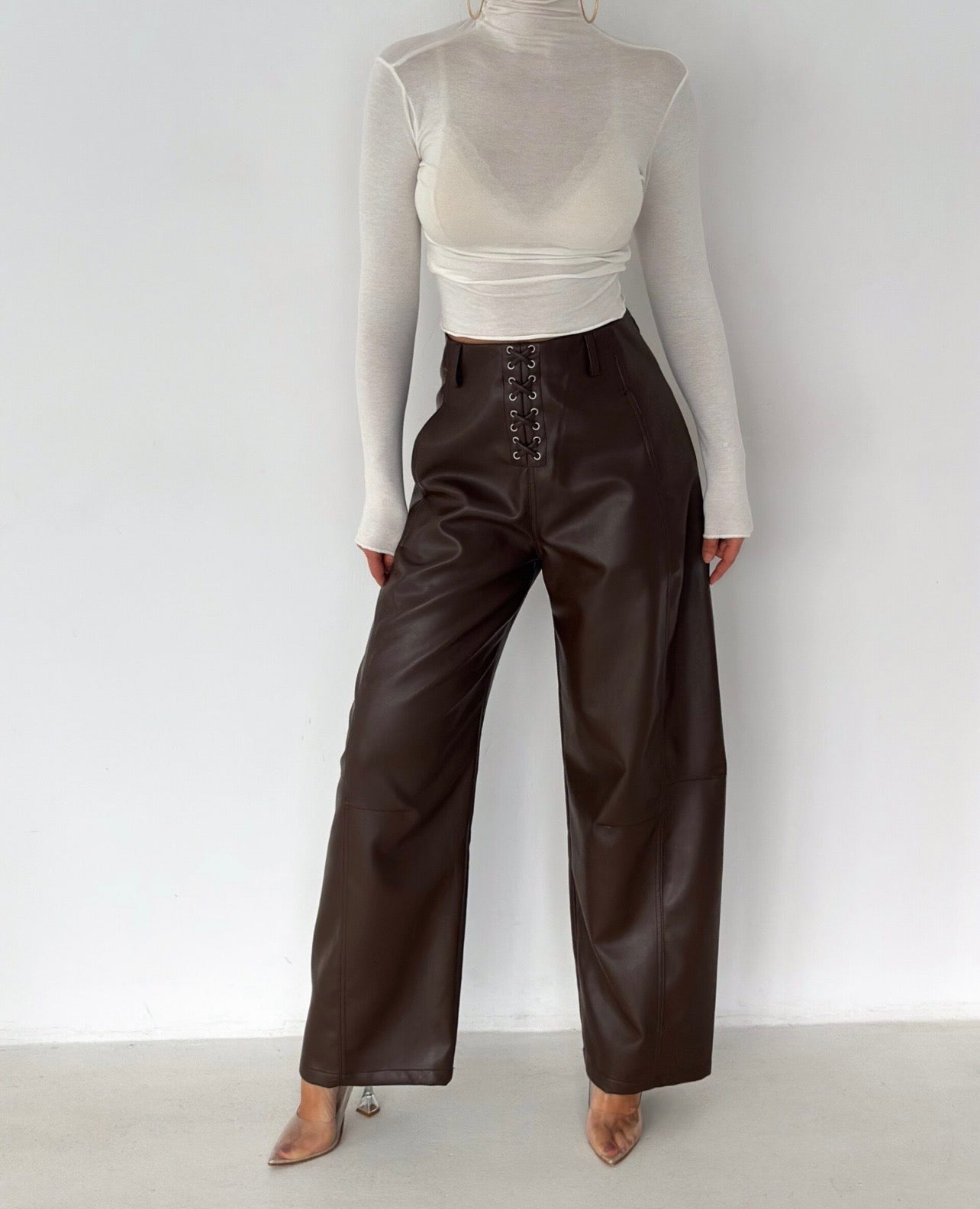 Lace-Up Faux Leather Wide Leg Pants
