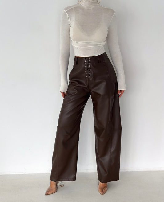 Lace-Up Faux Leather Wide Leg Pants