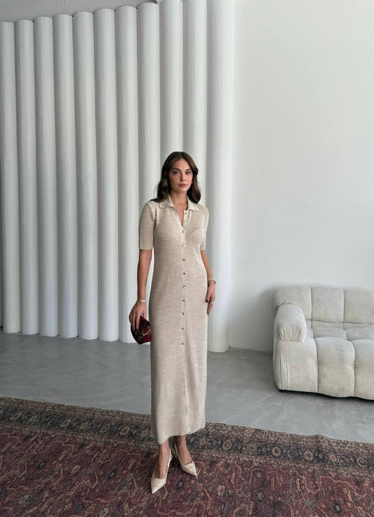 Ribbed Button Maxi Dress – Sand Beige