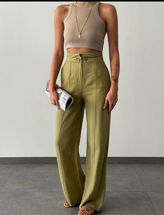 Linen Wide Leg Trouser - Buttoned