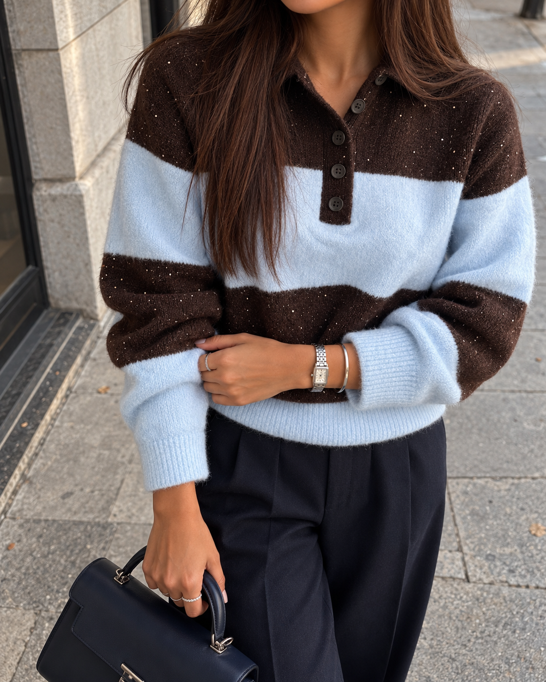 ⁨	Sparkle Stripe Polo Sweater