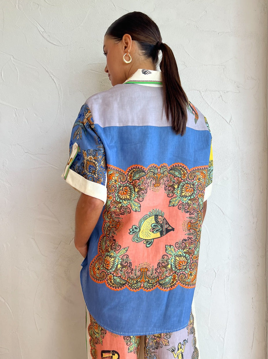 Colorful set , buttoned shirt and wide leg trouser