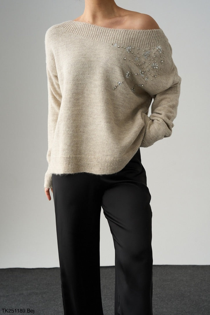Beige Crystal Knit Sweater