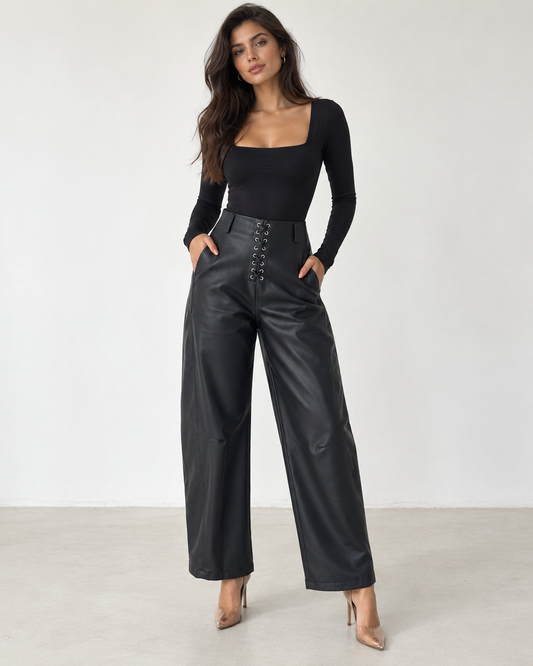 Lace-Up Faux Leather Wide Leg Pants