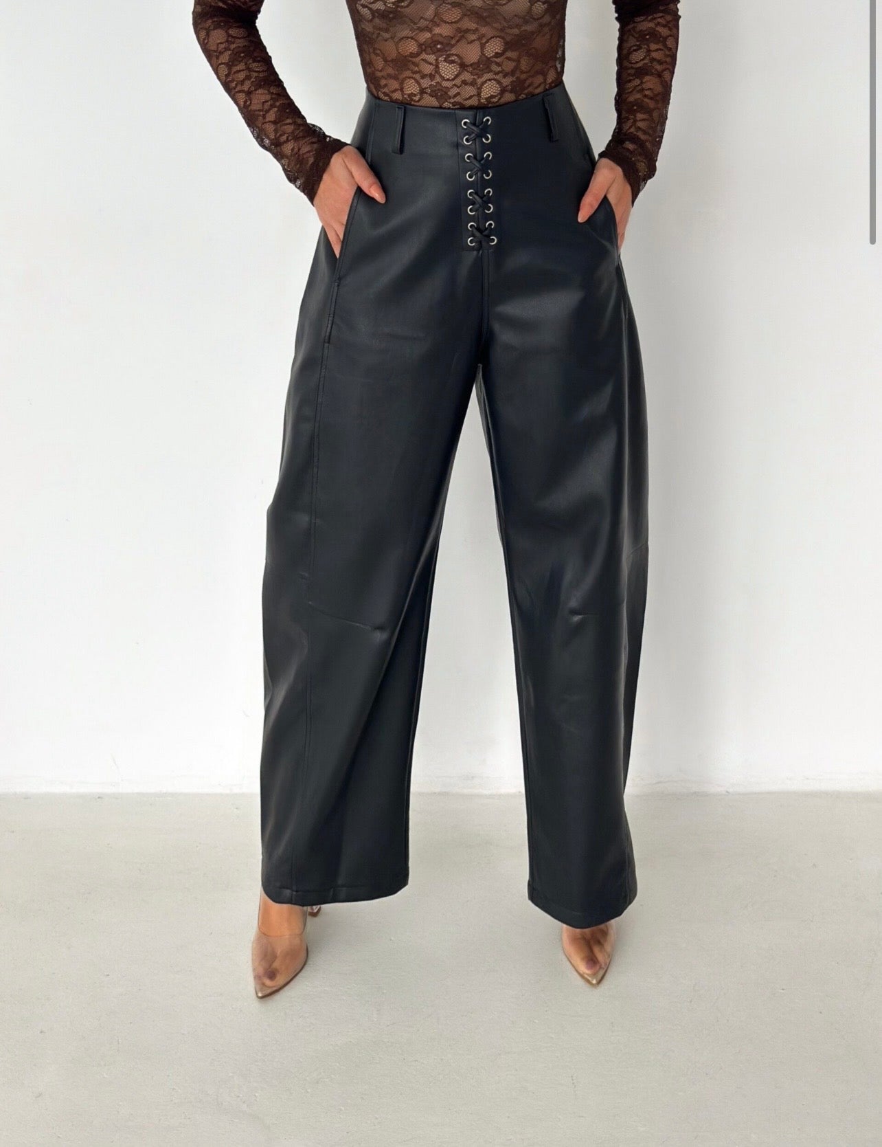 Lace-Up Faux Leather Wide Leg Pants