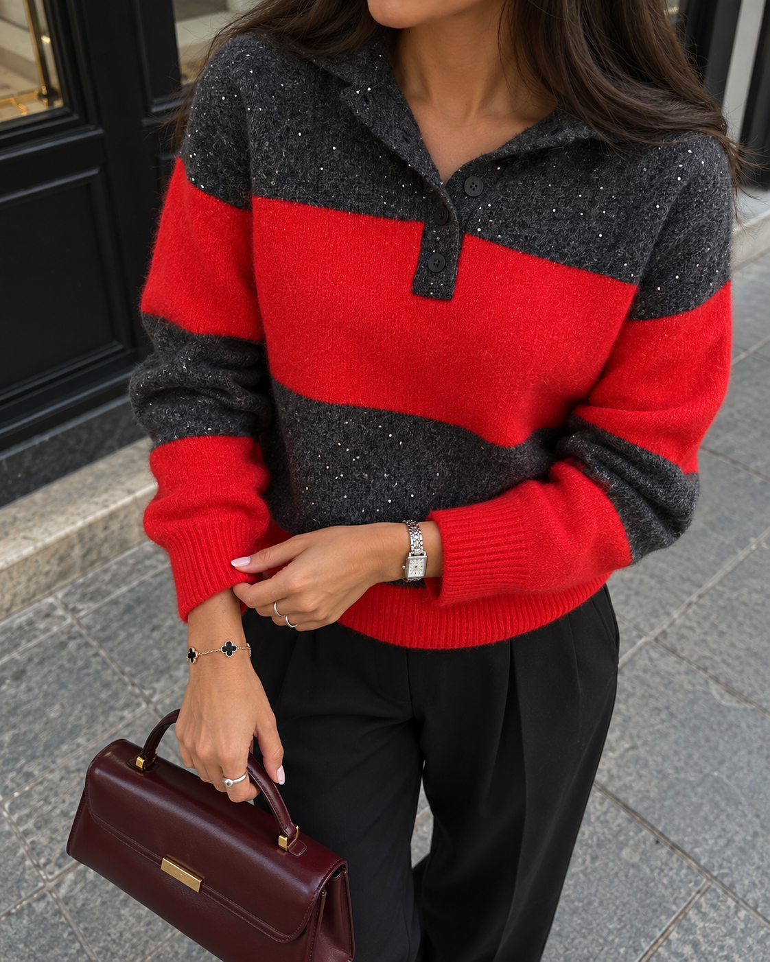 ⁨	Sparkle Stripe Polo Sweater