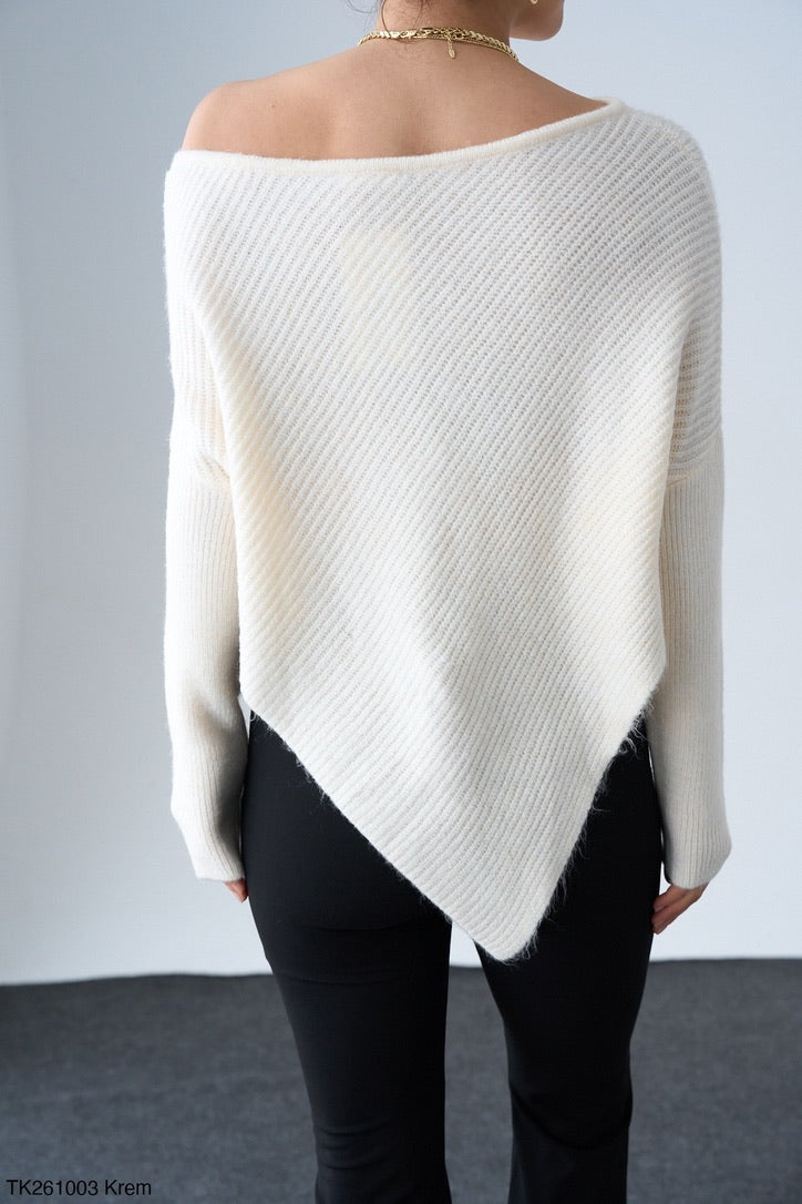 Off-OneShoulder Knit – Black / Cream / Dark Taupe