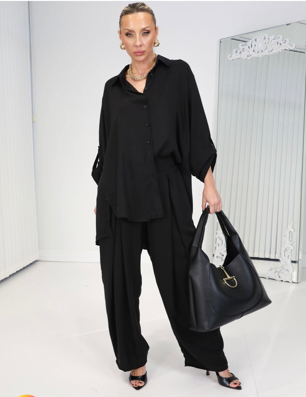 Flowy Crepe Tencel Set – Button Detail Shirt & Wide-Leg Pants