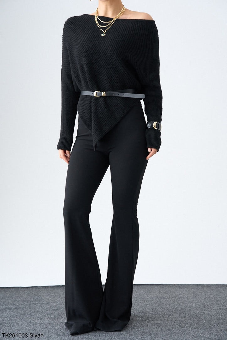 Off-OneShoulder Knit – Black / Cream / Dark Taupe