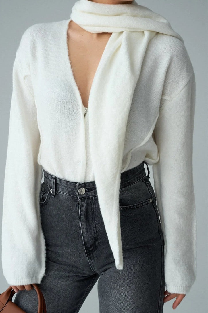 Scarf Detail Knit Top – White / Brown / Burgundy