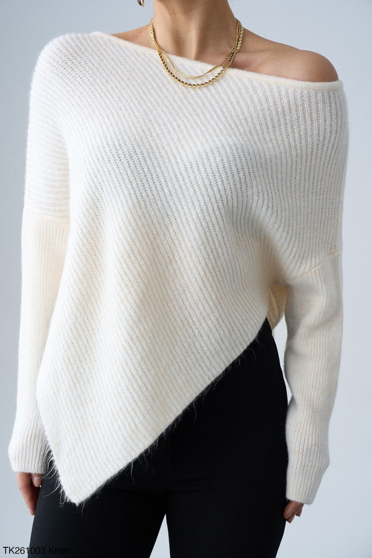 Off-OneShoulder Knit – Black / Cream / Dark Taupe
